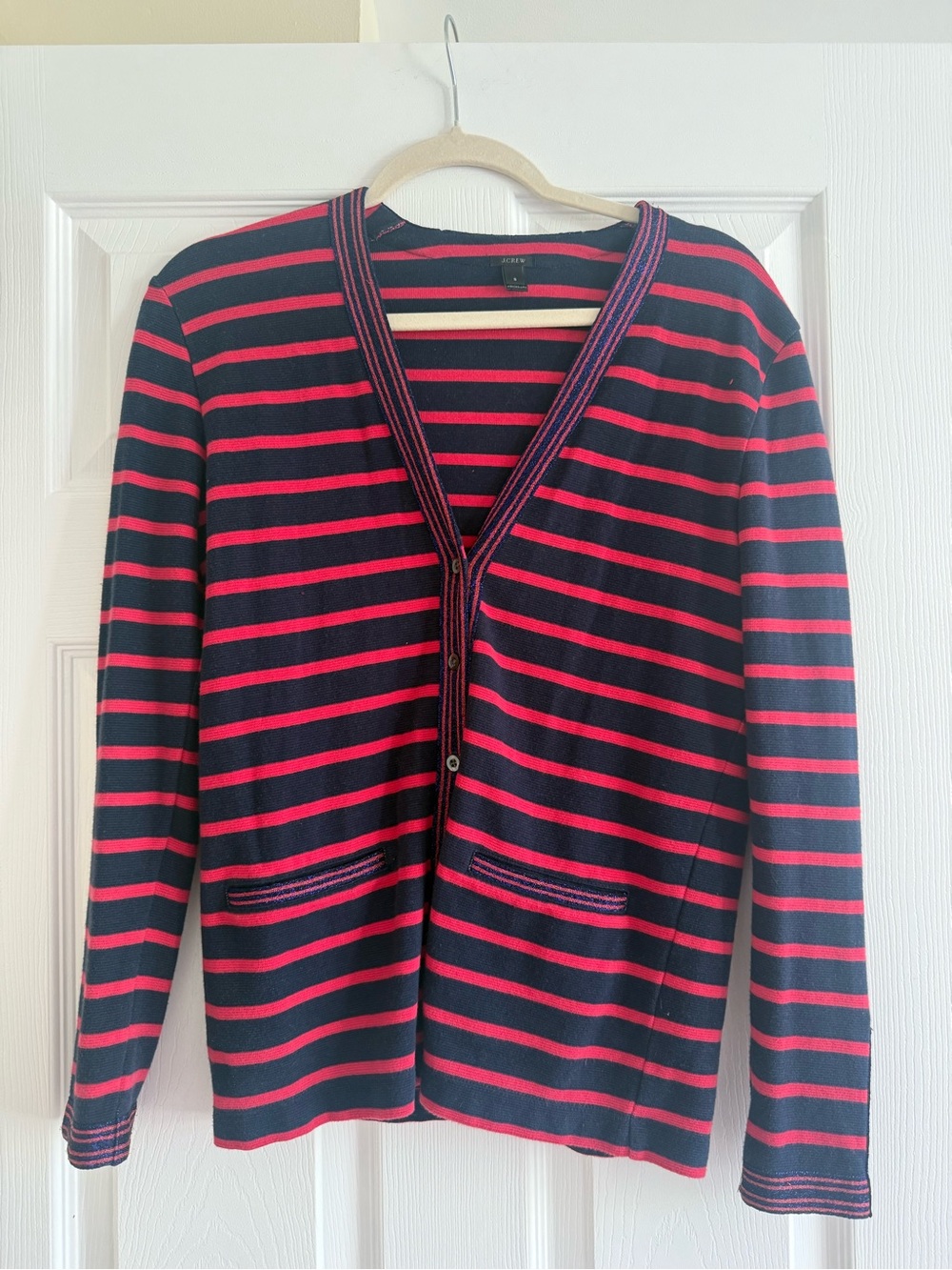 J. Crew Navy and Red Striped V-Neck Button Cardigan